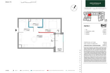 Rzut - Mieszkanie na sprzedaż 2 pokoje o powierzchni 43 m² - numer B042 w Grunwald Między Drzewami etap II