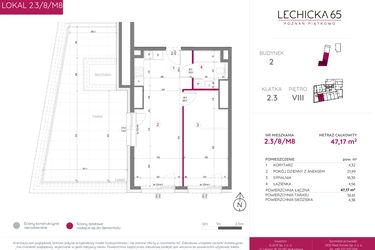 Rzut - Mieszkanie na sprzedaż 2 pokoje o powierzchni 47,17 m² - numer 2.3/8/M8 w Lechicka 65