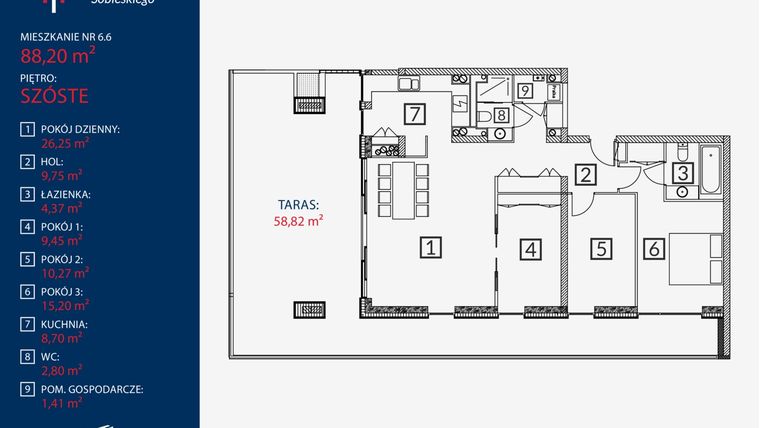 Rzut - Mieszkanie na sprzedaż 4 pokoje o powierzchni 88,2 m² - numer B2.M.6.6 w Tarasy Sobieskiego