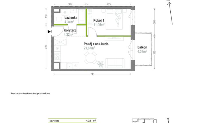 Rzut - Mieszkanie na sprzedaż 2 pokoje o powierzchni 41,38 m² - numer A.A.2.04 w Głębocka Vita