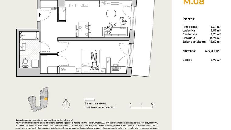 Rzut - Mieszkanie na sprzedaż 2 pokoje o powierzchni 48,03 m² - numer M08 w Baja Piaśniki