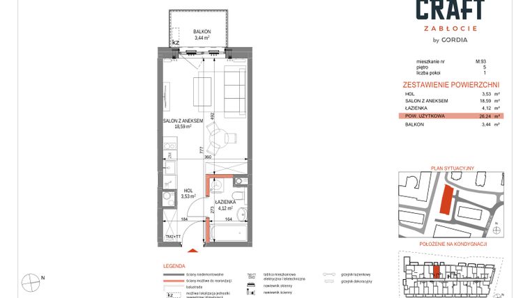 Rzut - Mieszkanie na sprzedaż 1 pokój o powierzchni 26,24 m² - numer A1.M.93 w Craft Zabłocie