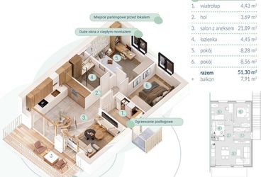 Rzut - Mieszkanie na sprzedaż 3 pokoje o powierzchni 51,3 m² - numer A.5.2 w Enklawa