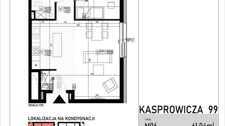 Rzut - Mieszkanie na sprzedaż 3 pokoje o powierzchni 60,71 m² - numer M06.01 w Apartamenty Kasprowicza