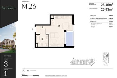 Rzut - Mieszkanie na sprzedaż 1 pokój o powierzchni 26,45 m² - numer C - M.26 w Dzielnica Trust - etap I
