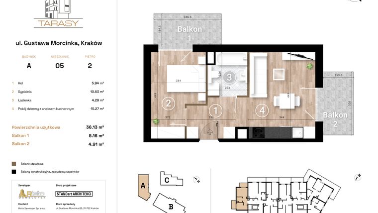 Rzut - Mieszkanie na sprzedaż 2 pokoje o powierzchni 36,13 m² - numer A5 w Krzesławickie Tarasy