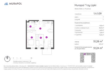 Rzut - Mieszkanie na sprzedaż 2 pokoje o powierzchni 51,24 m² - numer 1.A.1.09 w Murapol Trzy Lipki
