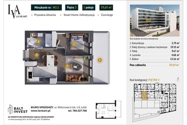 Rzut - Mieszkanie na sprzedaż 2 pokoje o powierzchni 39,69 m² - numer M3.5 w La Vie Art