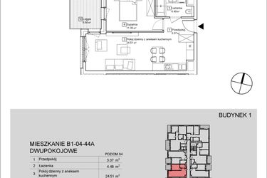 Rzut - Mieszkanie na sprzedaż 2 pokoje o powierzchni 43,27 m² - numer B1-04-44A w Nowa Francuska