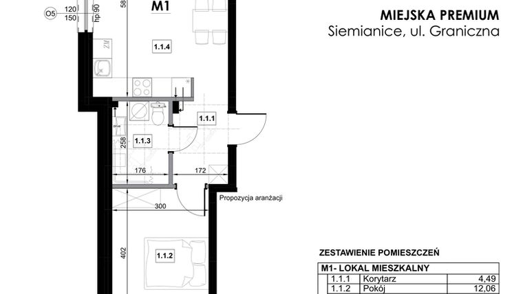 Rzut - Mieszkanie na sprzedaż 2 pokoje o powierzchni 45,8 m² - numer M1 w Miejska Premium II