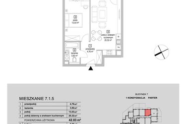 Rzut - Mieszkanie na sprzedaż 2 pokoje o powierzchni 42,03 m² - numer 7.1.5 w Osiedle Przyjemne IV