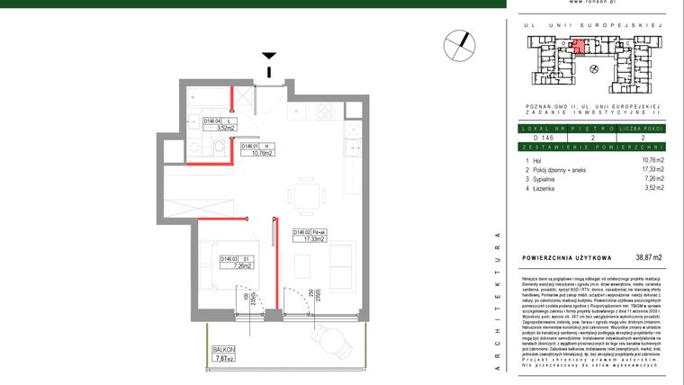 Rzut - Mieszkanie na sprzedaż 2 pokoje o powierzchni 38,87 m² - numer D146 w Grunwald Między Drzewami etap III
