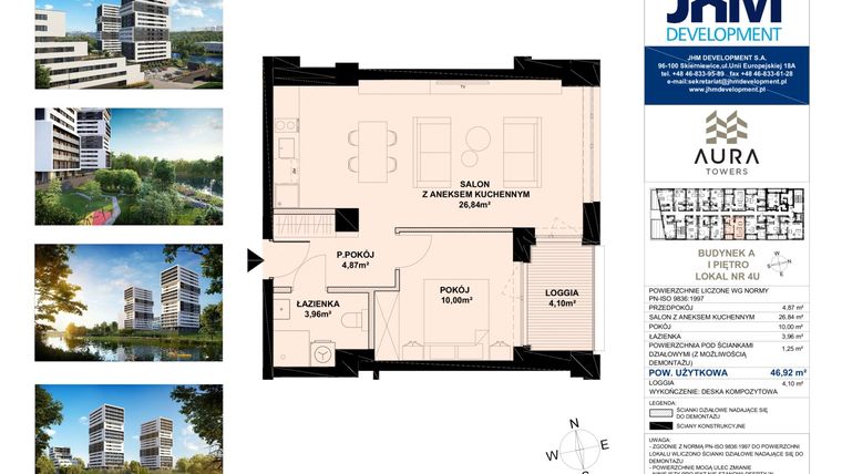 Rzut - Mieszkanie na sprzedaż 2 pokoje o powierzchni 46,92 m² - numer A.1.4U w Aura Towers