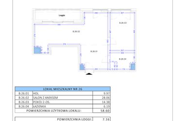 Rzut - Mieszkanie na sprzedaż 3 pokoje o powierzchni 58,6 m² - numer B.26 w Gaja Park