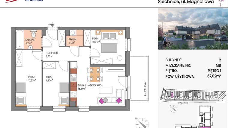 Rzut - Mieszkanie na sprzedaż 4 pokoje o powierzchni 67,02 m² - numer Bud.2-8 w Willa Magnolia