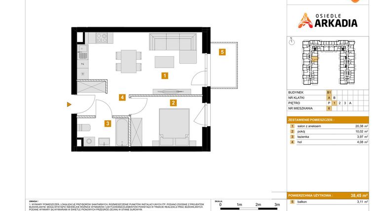 Rzut - Mieszkanie na sprzedaż 2 pokoje o powierzchni 38,45 m² - numer B1.6 w Osiedle Arkadia etap 2
