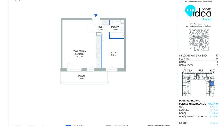Rzut - Mieszkanie na sprzedaż 2 pokoje o powierzchni 49,32 m² - numer 57.4A w Osiedle Idea Aurora