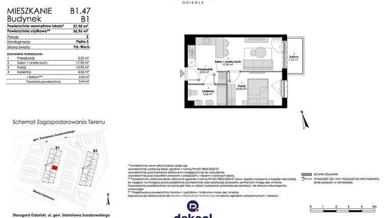 Rzut - Mieszkanie na sprzedaż 2 pokoje o powierzchni 36,96 m² - numer B1.47 w Osiedle Chabrowe