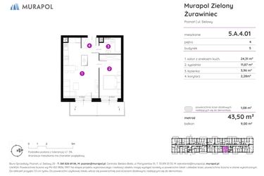 Rzut - Mieszkanie na sprzedaż 2 pokoje o powierzchni 43,71 m² - numer 5.A.4.01 w Murapol Zielony Żurawiniec