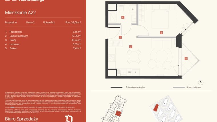 Rzut - Mieszkanie na sprzedaż 2 pokoje o powierzchni 33,08 m² - numer A22 w Osiedle Hierowskiego