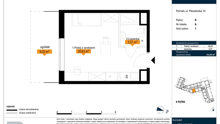 Rzut - Mieszkanie na sprzedaż 1 pokój o powierzchni 24,2 m² - numer B.0.6 w ŁACINA SPOT - apartamenty inwestycyjne