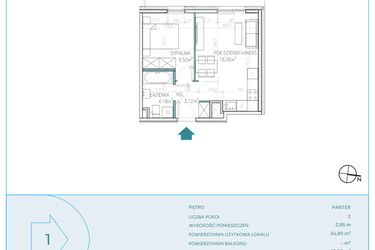 Rzut - Mieszkanie na sprzedaż 2 pokoje o powierzchni 34,89 m² - numer D1 w Dwa Jeziora CD