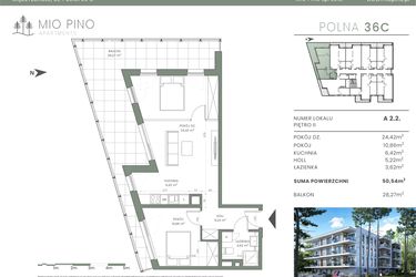 Rzut - Mieszkanie na sprzedaż 3 pokoje o powierzchni 50,54 m² - numer 2.2 w Mio Pino