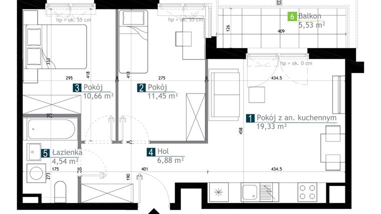 Rzut - Mieszkanie na sprzedaż 3 pokoje o powierzchni 52,86 m² - numer AB0104 w M Bemowo 3
