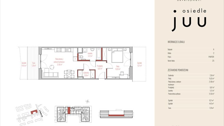 Rzut - Mieszkanie na sprzedaż 2 pokoje o powierzchni 51,5 m² - numer A.M025 w Osiedle Juu