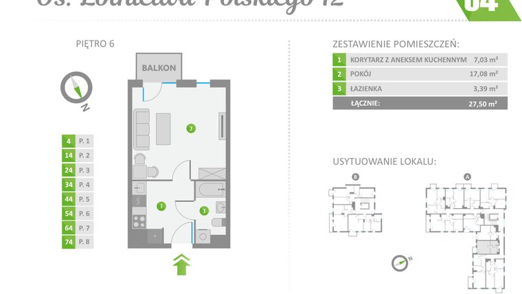 Rzut - Mieszkanie na sprzedaż 1 pokój o powierzchni 27,5 m² - numer 54 w Os. Lotnictwa Polskiego 12