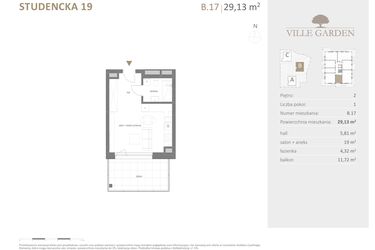 Rzut - Mieszkanie na sprzedaż 1 pokój o powierzchni 29,13 m² - numer B.17 w Ville Garden