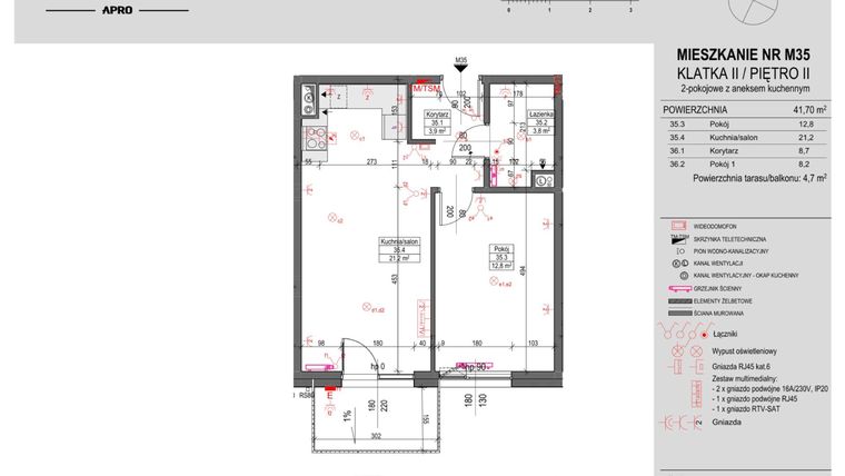 Rzut - Mieszkanie na sprzedaż 2 pokoje o powierzchni 41,7 m² - numer M35 w Antczaka 46