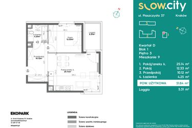 Rzut - Mieszkanie na sprzedaż 2 pokoje o powierzchni 51,84 m² - numer D1-9 w Slow City etap D