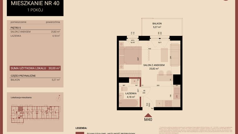 Rzut - Mieszkanie na sprzedaż 1 pokój o powierzchni 30 m² - numer 40 w Artepolis