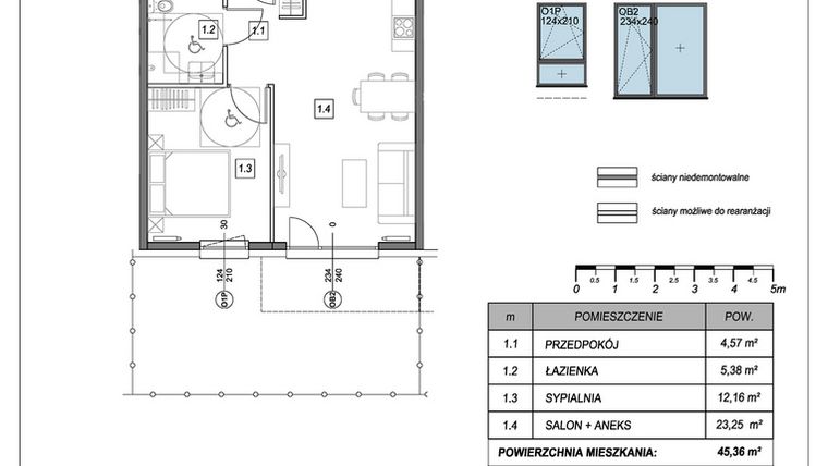 Rzut - Mieszkanie na sprzedaż 2 pokoje o powierzchni 45,36 m² - numer B.1.3 w #NaSwoim2