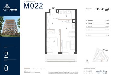 Rzut - Mieszkanie na sprzedaż 2 pokoje o powierzchni 38,98 m² - numer M022 w Ultradom