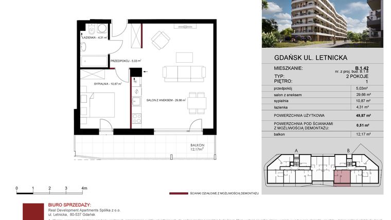 Rzut - Mieszkanie na sprzedaż 2 pokoje o powierzchni 49,87 m² - numer B.1.42 w Letnicka Residence