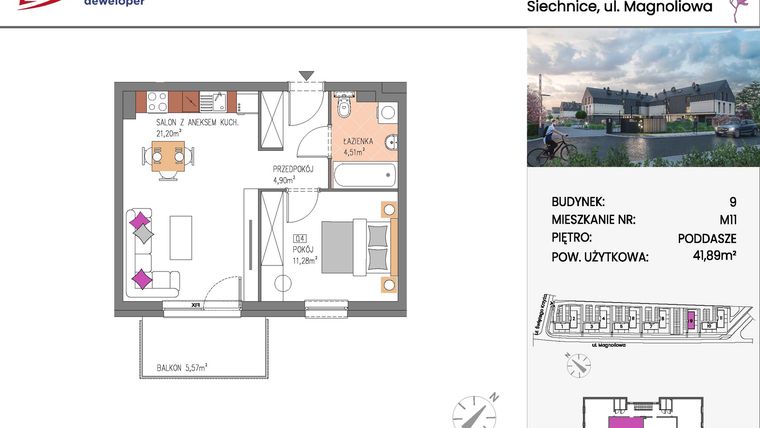 Rzut - Mieszkanie na sprzedaż 2 pokoje o powierzchni 41,89 m² - numer Bud.9-11 w Willa Magnolia