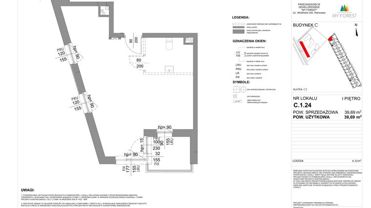 Rzut - Mieszkanie na sprzedaż 1 pokój o powierzchni 39,69 m² - numer C.1.24 w My Forest - Apartamenty inwestycyjne