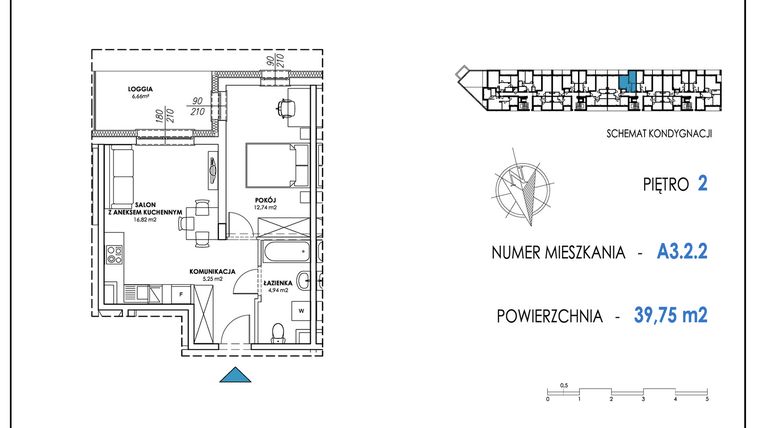 Rzut - Mieszkanie na sprzedaż 2 pokoje o powierzchni 39,73 m² - numer A3.2.2 w Apartamenty Nowe Miasto