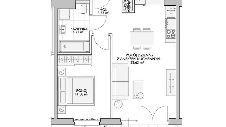 Rzut - Mieszkanie na sprzedaż 2 pokoje o powierzchni 44,01 m² - numer WO/P33/22 w Wiszące Ogrody