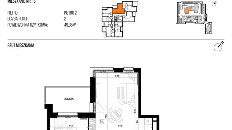 Rzut - Mieszkanie na sprzedaż 2 pokoje o powierzchni 49,35 m² - numer 22J/16 w NATURAMA II