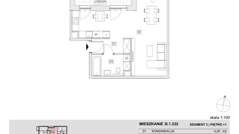 Rzut - Mieszkanie na sprzedaż 1 pokój o powierzchni 43,76 m² - numer 3I.1.332 w Ogrody Geyera Apartamenty