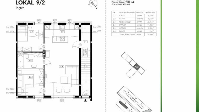Rzut - Mieszkanie na sprzedaż 3 pokoje o powierzchni 79 m² - numer 9/2 w Szczęśliwa Polana