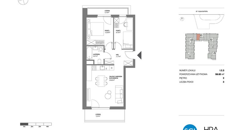 Rzut - Mieszkanie na sprzedaż 3 pokoje o powierzchni 58,82 m² - numer I.2.3 w Łopuszańska 47 - etap 3