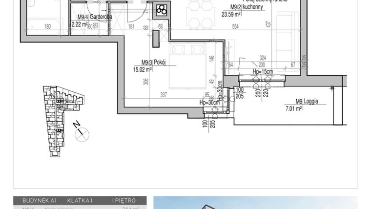 Rzut - Mieszkanie na sprzedaż 2 pokoje o powierzchni 53,9 m² - numer 9 w Aleja