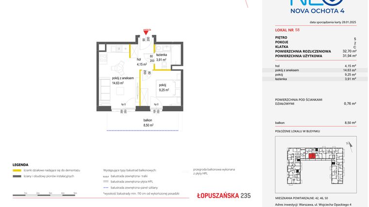 Rzut - Mieszkanie na sprzedaż 2 pokoje o powierzchni 32,7 m² - numer 58 w Neo Nova Ochota 4