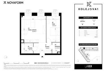 Rzut - Mieszkanie na sprzedaż 2 pokoje o powierzchni 55,13 m² - numer B-01-03 w Kolejova 1