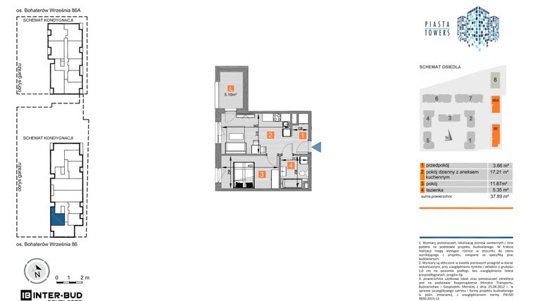 Rzut - Mieszkanie na sprzedaż 2 pokoje o powierzchni 37,89 m² - numer 86.6 w Piasta Towers bud. 86 i 86A