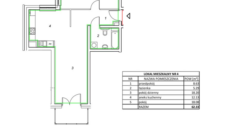 Rzut - Mieszkanie na sprzedaż 2 pokoje o powierzchni 62,33 m² - numer 4 w Nowa Pszczelna